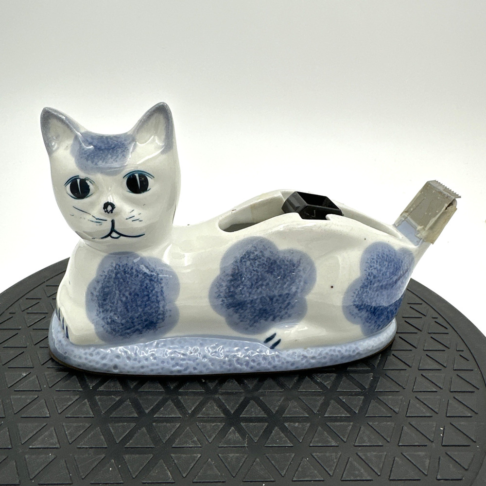 Vintage Ceramic Blue White Ceramic Cat Tape Dispenser. Taiwan JC Penney